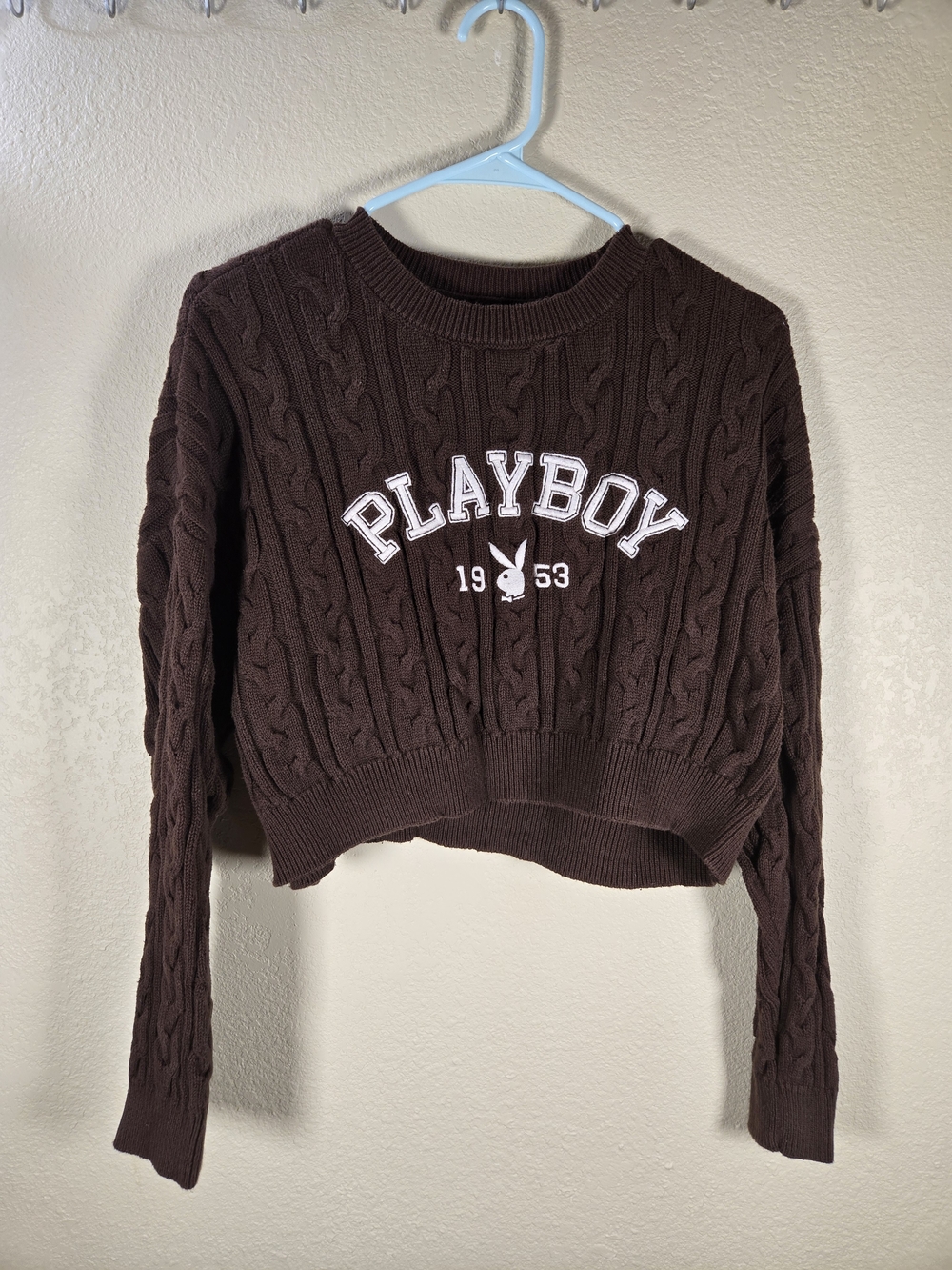 Playboy Brown Cable-Knit Cropped Sweater